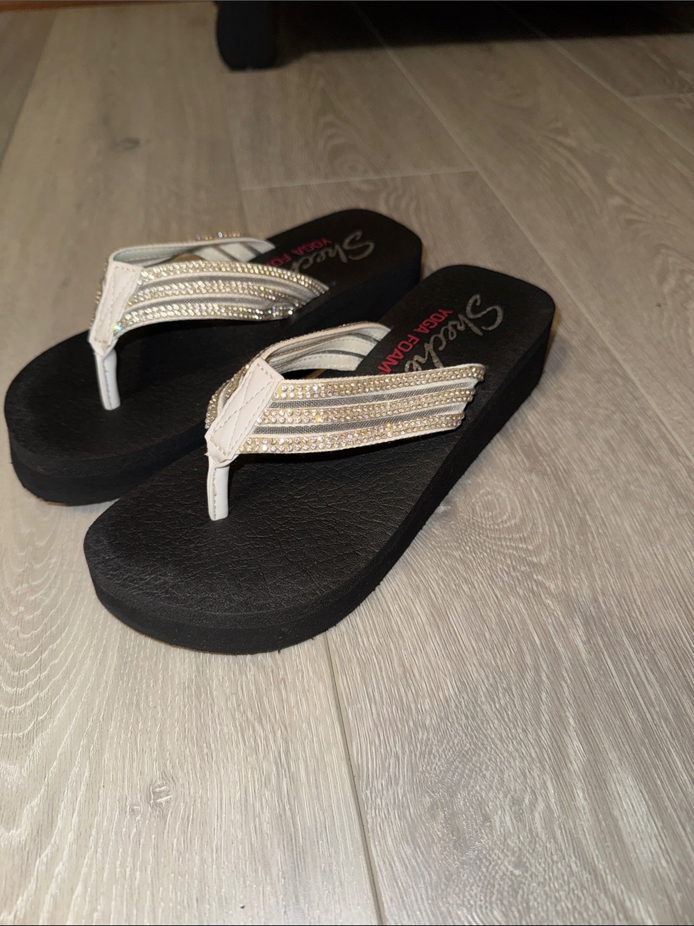 Skechers Women's Black Platform Flip Flop Sandals with White Crystal Straps